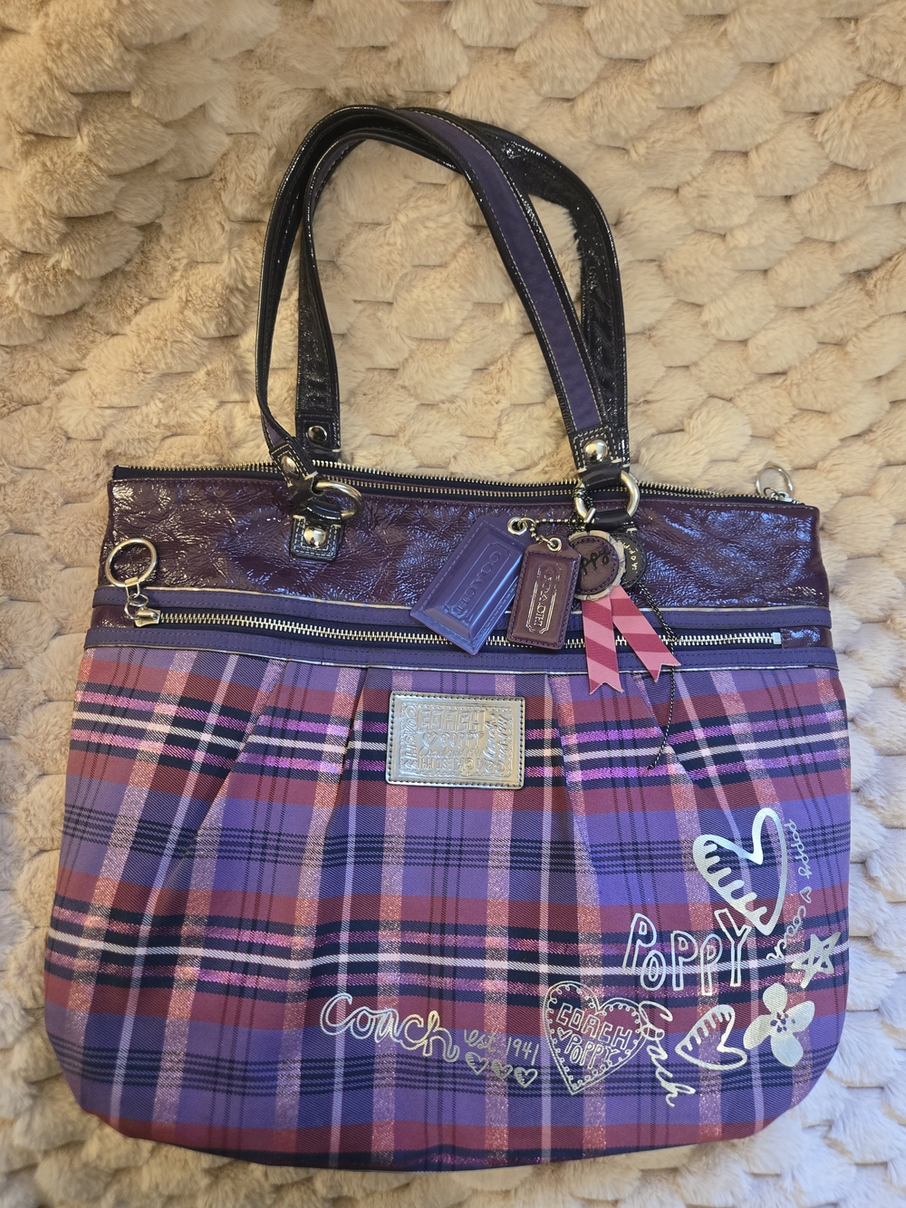 Coach Poppy Purple Plaid Tote Bag